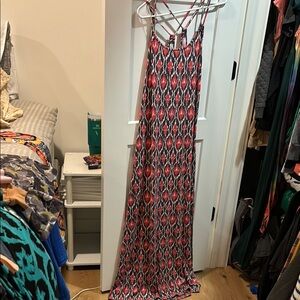 Elegant Red and Blue Patterned Maxi Dress